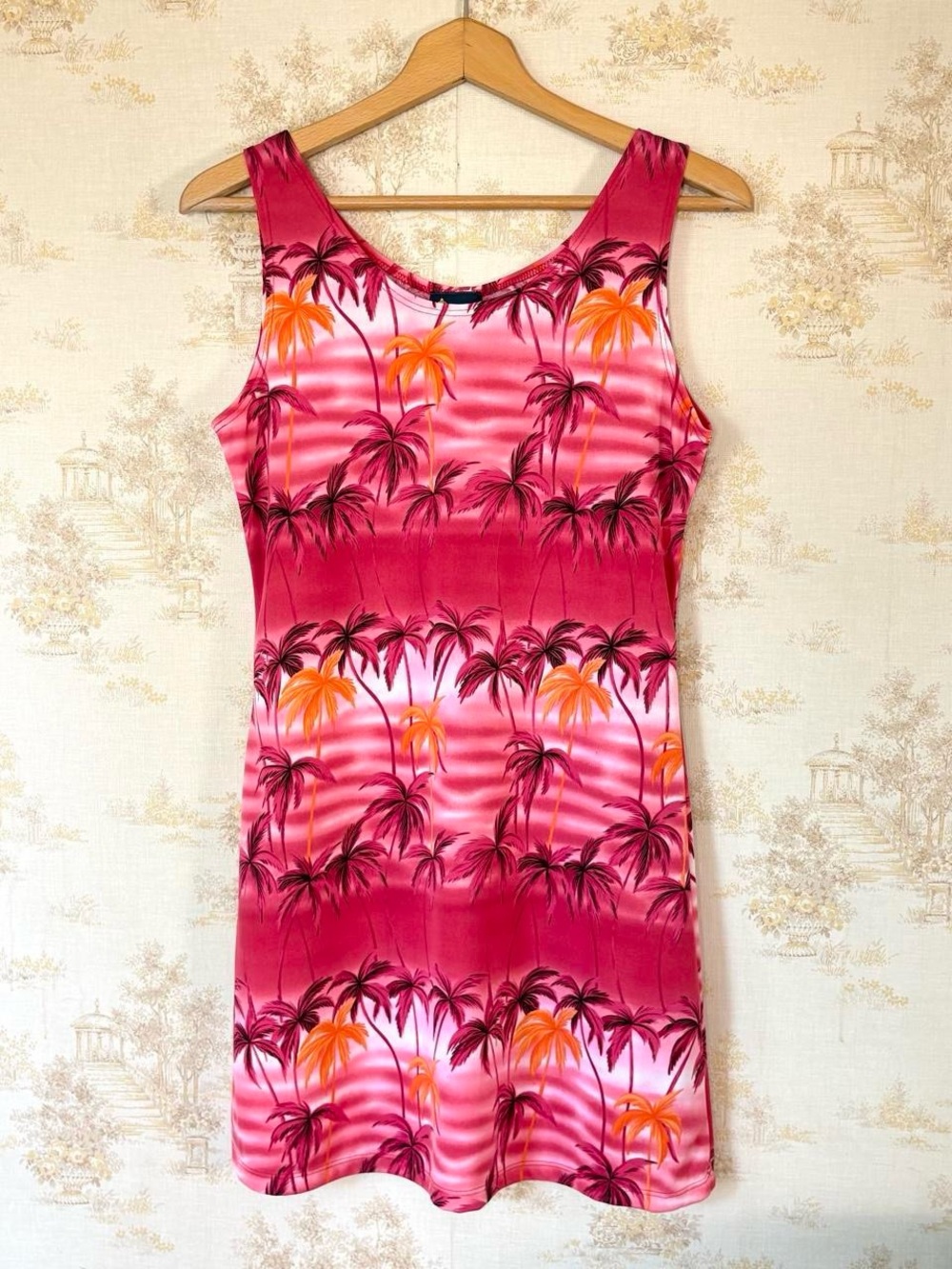 Vintage 90s Royal Creations Hot Pink Hawaiian Sunset Palm Tree Mini Dress M